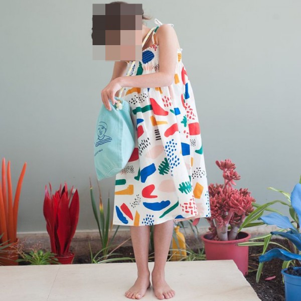 Φόρεμα μακρύ βαμβακερό με τιράντες, πολύχρωμο, με σχέδιο χρωματιστά σχήματα